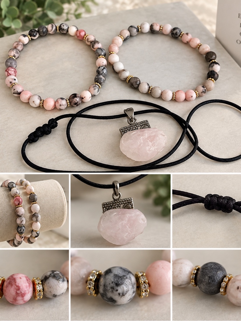 Genuine Rose Quartz Pendant Necklace Black Cord Boho Crystal Jewelry